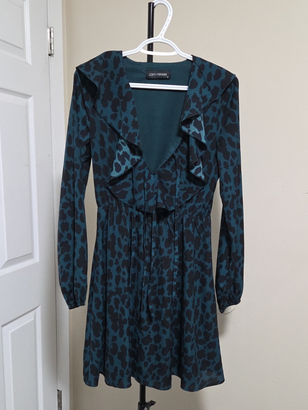 Lofty Manner Teal and Black Long-Sleeve Ruffle V-Neck Dress